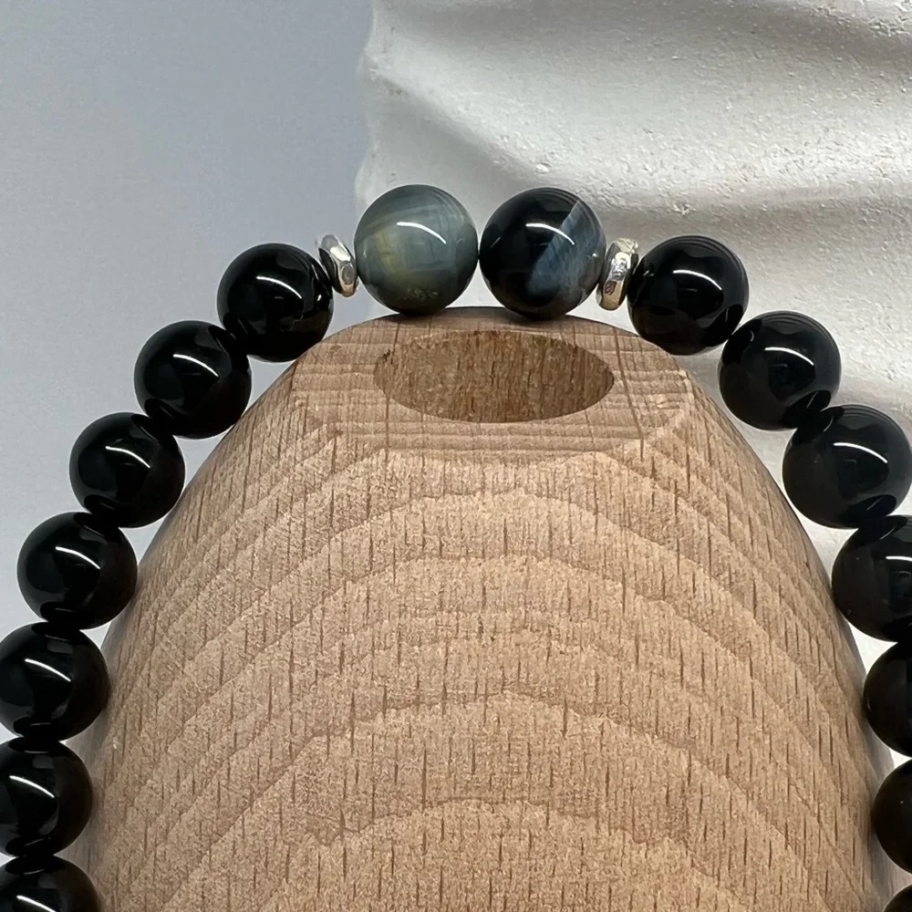 BLUE Tiger Eye & Onyx Beaded Bracelet